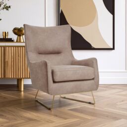 Orsina Brown Faux Leather Armchair, Accent Chair With Golden Iron Legs, Faux Chair, Curved Backrest Chair For Reading