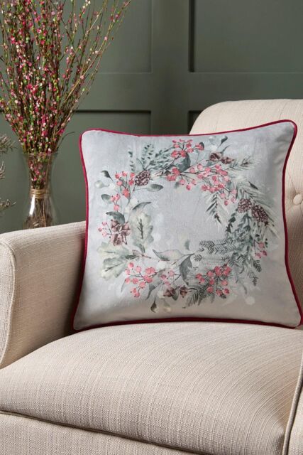 Dreams & Drapes 'Winter Sprigs' Floral Wreath Velvet Filled Cushion in Green - Size: 43 cm x 43 cm - image 1