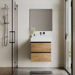 Banyetti Akiro 600mm WallHung Vanity with Veneto 0 TH Basin-Walnut in Light Brown