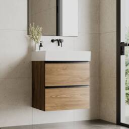 Banyetti Akiro 600mm WallHung Vanity with Veneto 0 TH Basin-Walnut in Light Brown - thumbnail 3