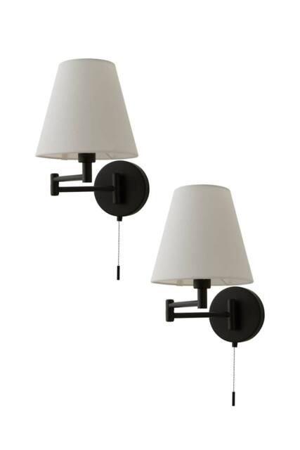 ValueLights Sonia Pair of Adjustable Swing Arm Wall Lights with Taper Linen Shades in Black - image 1