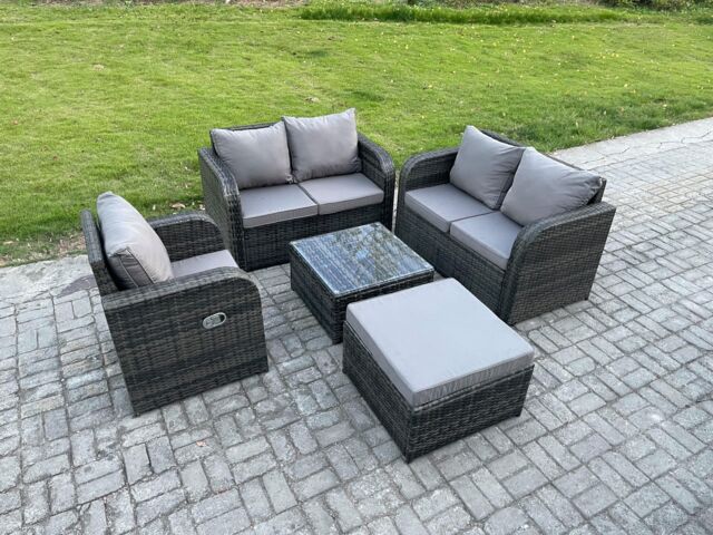 Fimous 5 Piece Garden Furniture Sets 6 Seater Outdoor Patio Furniture Set Weaving Wicker Rattan Sofa Chair & Table with Big Footstool in Dark Grey - image 1