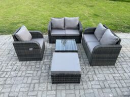 Fimous 5 Piece Garden Furniture Sets 6 Seater Outdoor Patio Furniture Set Weaving Wicker Rattan Sofa Chair & Table with Big Footstool in Dark Grey - thumbnail 2