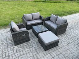 Fimous 5 Piece Garden Furniture Sets 6 Seater Outdoor Patio Furniture Set Weaving Wicker Rattan Sofa Chair & Table with Big Footstool in Dark Grey - thumbnail 1