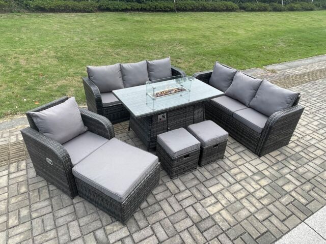 Fimous 10 Seater Wicker Rattan Garden Furniture Set Gas Fire Pit Dining Table Reclining Chair 3 Seater Sofa Set Indoor Outdoor with 3 Footstools - image 1