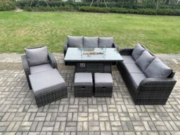 Fimous 10 Seater Wicker Rattan Garden Furniture Set Gas Fire Pit Dining Table Reclining Chair 3 Seater Sofa Set Indoor Outdoor with 3 Footstools - thumbnail 3