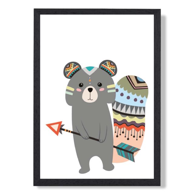 ARTZE Grey Squirrel Tribal Animal Framed Print SIZE: A3 with Black Frame - Size: A4 - image 1