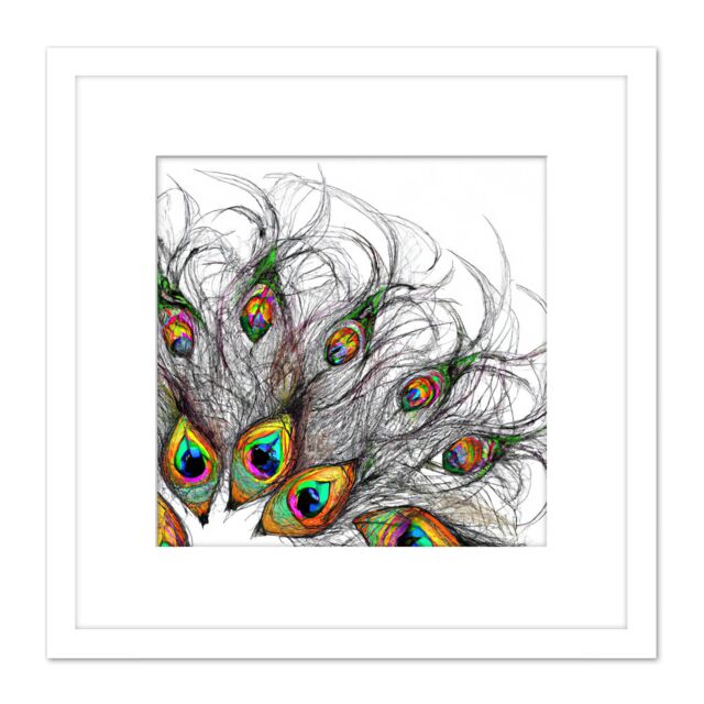 Artery8 Abstract Line Art Peacock Feather Pen Ink Drawing Square Wooden Framed Wall Art Print Picture 8X8 Inch in White - image 1