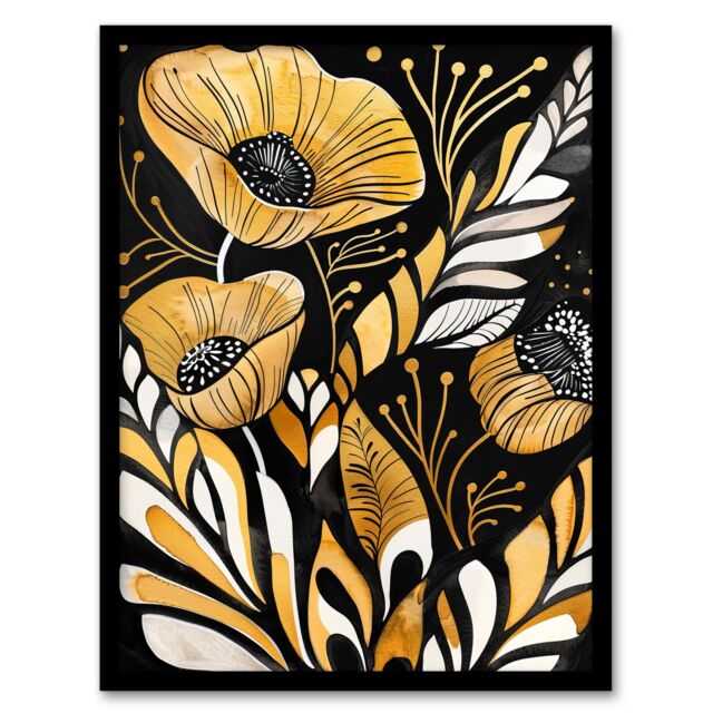 "Artery8 Abstract Poppies Gold Black Floral Watercolour Framed Wall Art - Size: W12"" x H16""" - image 1