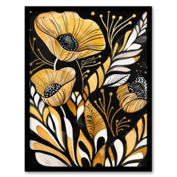 "Artery8 Abstract Poppies Gold Black Floral Watercolour Framed Wall Art - Size: W12"" x H16""" - thumbnail 1
