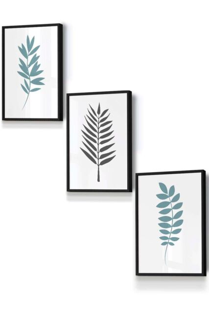 ARTZE Graphical Blue Grey Leaves Framed Wall Art - Small in Black - Size: W33 cm x H45 cm x D20mm - image 1