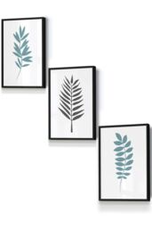 ARTZE Graphical Blue Grey Leaves Framed Wall Art - Small in Black - Size: W33 cm x H45 cm x D20mm - thumbnail 1