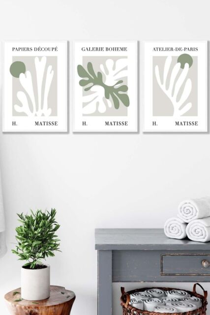 ARTZE Set of 3 White Framed Matisse Floral Cut Out Style in Green & Beige Wall Art in Light Green - Size: W33 cm x H45 cm x D20mm - image 1