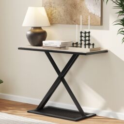 Costway Faux Marble Top Console Table Metal Frame Entryway Table in White - thumbnail 4