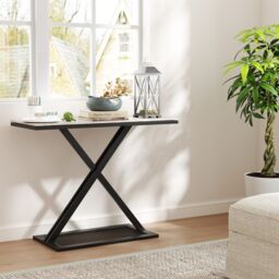 Costway Faux Marble Top Console Table Metal Frame Entryway Table in White - thumbnail 3