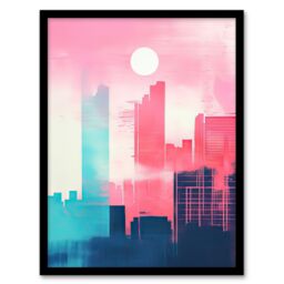 Artery8 Wall Art Print Abstract Geometric Metropolis Cityscape Pink Turquoise Framed Art - Size: A4 - thumbnail 1