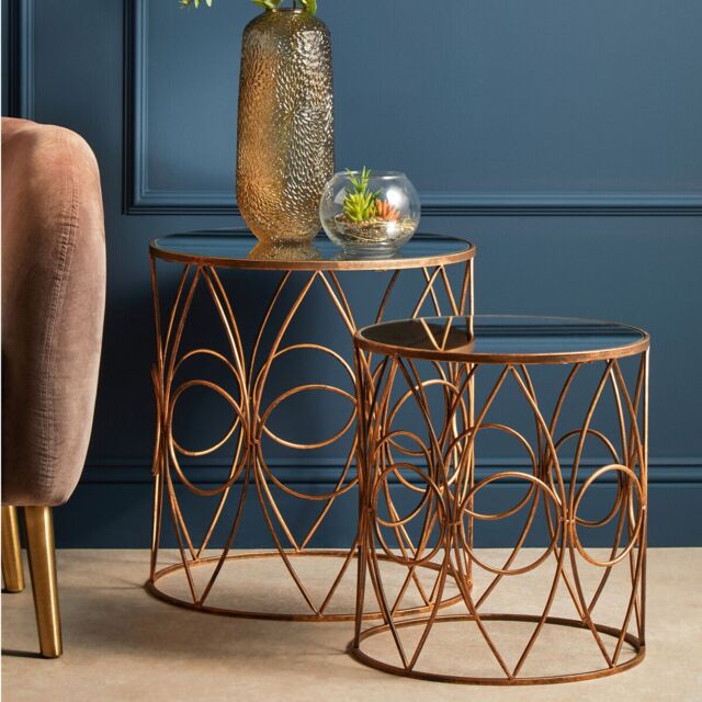 Orsina Set Of 2 Antique Frame Round Tables, Copper-Finish Round Tables With Mirror Tops, Circular Tables, Accent Table in White - image 1