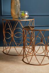 Orsina Set Of 2 Antique Frame Round Tables, Copper-Finish Round Tables With Mirror Tops, Circular Tables, Accent Table in White - thumbnail 4