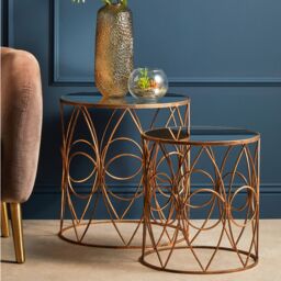 Orsina Set Of 2 Antique Frame Round Tables, Copper-Finish Round Tables With Mirror Tops, Circular Tables, Accent Table in White