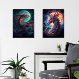 Artery8 Wall Art Print Set of 2 s Dragon Moon Fantasy Mystical Serpent 2 Pack Poster Living Room s in Dark Blue - Size: A4 - thumbnail 6