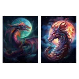Artery8 Wall Art Print Set of 2 s Dragon Moon Fantasy Mystical Serpent 2 Pack Poster Living Room s in Dark Blue - Size: A4 - thumbnail 1