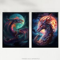 Artery8 Wall Art Print Set of 2 s Dragon Moon Fantasy Mystical Serpent 2 Pack Poster Living Room s in Dark Blue - Size: A4 - thumbnail 5