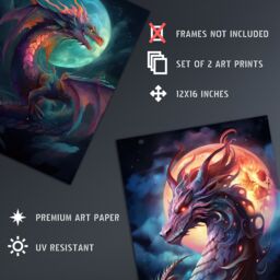 Artery8 Wall Art Print Set of 2 s Dragon Moon Fantasy Mystical Serpent 2 Pack Poster Living Room s in Dark Blue - Size: A4 - thumbnail 4