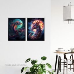 Artery8 Wall Art Print Set of 2 s Dragon Moon Fantasy Mystical Serpent 2 Pack Poster Living Room s in Dark Blue - Size: A4 - thumbnail 3
