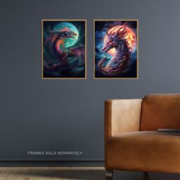 Artery8 Wall Art Print Set of 2 s Dragon Moon Fantasy Mystical Serpent 2 Pack Poster Living Room s in Dark Blue - Size: A4 - thumbnail 2