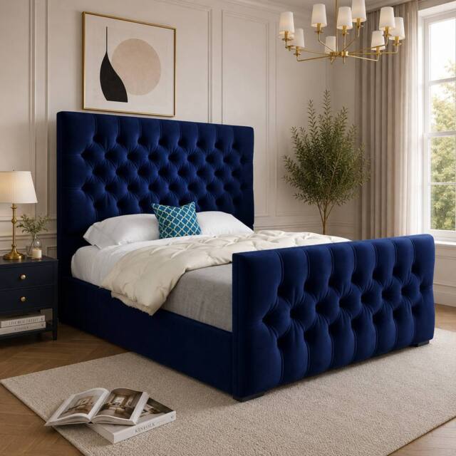 Casani Portmeirion Upholstered Blue Soft Velvet Designer Bed Frame - Size: Double - image 1