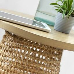 CALICOSY Bamboo Tabletop Side Table With Rattan Base in Light Brown - thumbnail 3
