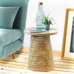 CALICOSY Bamboo Tabletop Side Table With Rattan Base in Light Brown - thumbnail 2