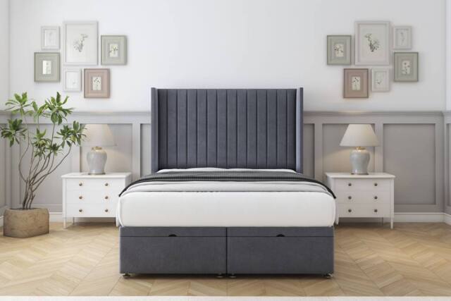 "Sloomy Marlborough Plush Ottoman Bed Base-54"" Wingback Headboard in Dark Grey - Size: Small Double" - image 1