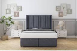 "Sloomy Marlborough Plush Ottoman Bed Base-54"" Wingback Headboard in Dark Grey - Size: Small Double" - thumbnail 1