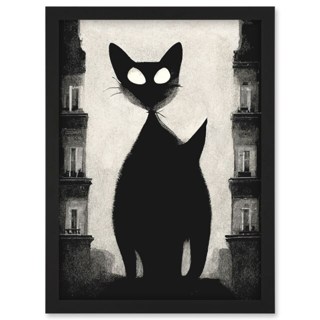 Artery8 Giant Black Cat Le Chat Noir City Monochrome Illustration Artwork Framed Wall Art Print A4 - image 1