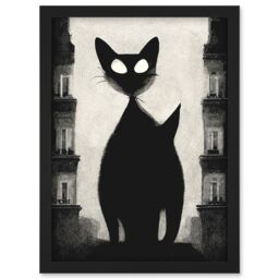 Artery8 Giant Black Cat Le Chat Noir City Monochrome Illustration Artwork Framed Wall Art Print A4 - thumbnail 1