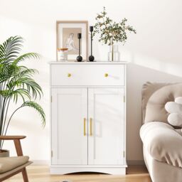 Gymax Bathroom Floor Cabinet Freestanding Storage Cupboard With Drawer-White in White - thumbnail 3