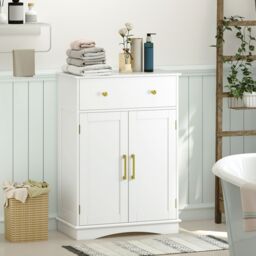 Gymax Bathroom Floor Cabinet Freestanding Storage Cupboard With Drawer-White in White - thumbnail 8