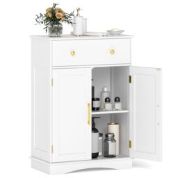 Gymax Bathroom Floor Cabinet Freestanding Storage Cupboard With Drawer-White in White