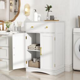 Gymax Bathroom Floor Cabinet Freestanding Storage Cupboard With Drawer-White in White - thumbnail 7