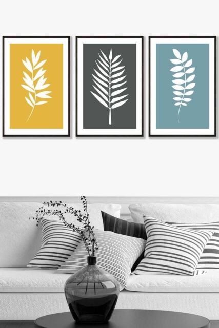 ARTZE Framed Yellow, Grey, Blue Graphical Leaves Framed Wall Art - Large in Black - Size: W53 cm x H73 cm x D20mm - image 1