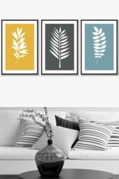 ARTZE Framed Yellow, Grey, Blue Graphical Leaves Framed Wall Art - Large in Black - Size: W53 cm x H73 cm x D20mm - thumbnail 1