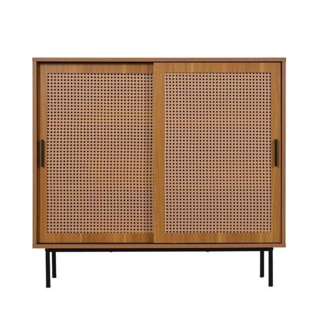 ERGOVEXA Sideboard Storage Cupboard Rattan Sliding Barn Doors Kitchen Cabinet in Brown - image 1