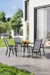 Garden Sanctuary 5 Pcs Square Outdoor Garden Tempered Glass Table & Chair Set in Black - thumbnail 1