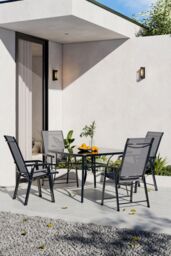 Garden Sanctuary 5 Pcs Square Outdoor Garden Tempered Glass Table & Chair Set in Black - thumbnail 2