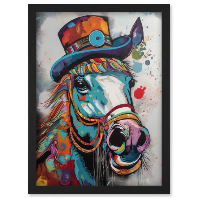 Artery8 Horse Hippie in Multicoloured Bridles & Top Hat Artwork Framed Wall Art Print A4 in Black - image 1