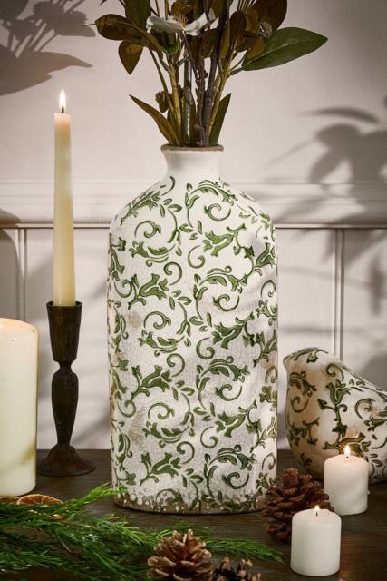 Dibor Vintage Luxury Irina Green Botanical Bottle Flower Vase H31 x W14cm in Cream - Size: Large - image 1