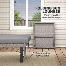 OUTSUNNY Folding Rattan Sun Lounger with Adjustable Back, Cushion, Grey - thumbnail 4