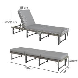 OUTSUNNY Folding Rattan Sun Lounger with Adjustable Back, Cushion, Grey - thumbnail 3