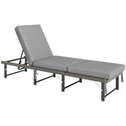 OUTSUNNY Folding Rattan Sun Lounger with Adjustable Back, Cushion, Grey - thumbnail 2